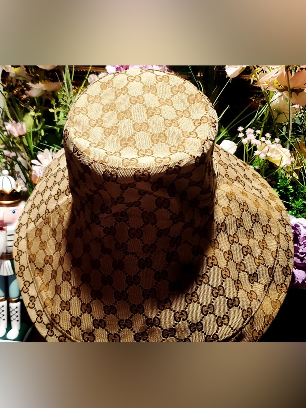 Beige Monogram Large Jacquard Canvas Bucket Hat w Wide Brim Beach Sun Coverage - Picture 11 of 14